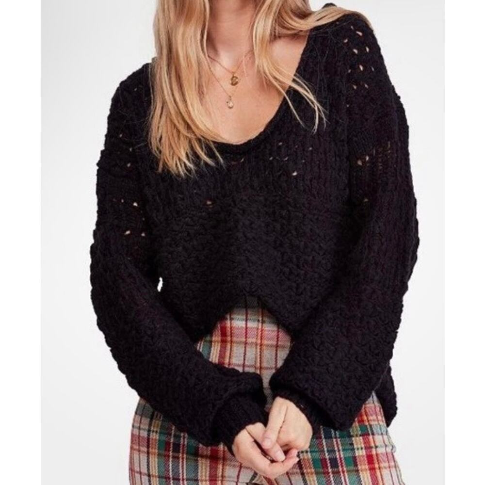 Free People Best Of You V-Neck Sweater Black Open Knit Slouchy Boho XS
